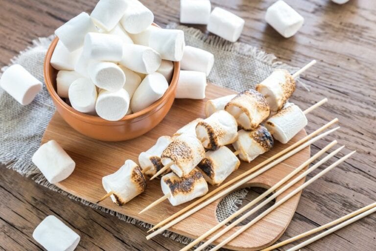 Marshmallow Skewers on a Wooden Board