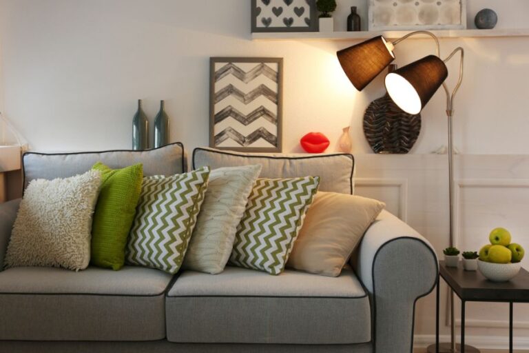 Modern Living Room With Gray Sofa and Gray and Green Accent Pillows