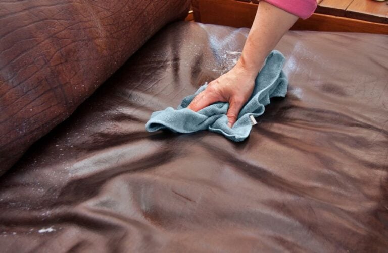 Woman Using Cloth to Condition Leather Couch