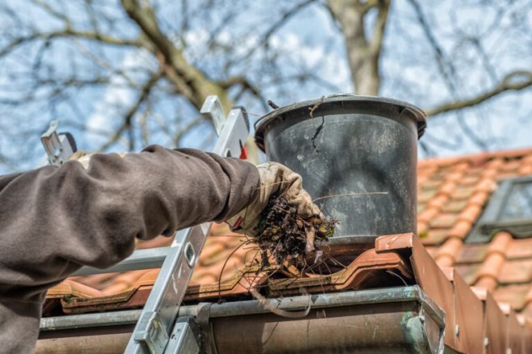 Man on a Ladder Removing Leaves and Sticks From a Gutter