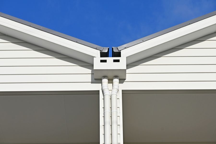 Box Gutter With Two Downspouts on a Roof