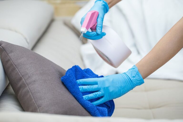Woman Disinfecting Couch PIllow and Couch With Spray and Rag