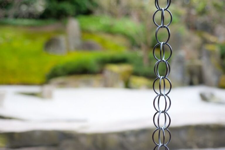 Rain Chain Being Used in Place of a Gutter in a Japanese Garden
