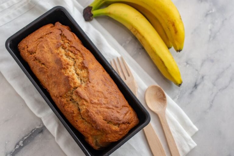 Banana Bread in the Pan on the Countertop