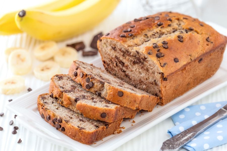 Sliced Banana Bread on a Plate With Chocolate Chips