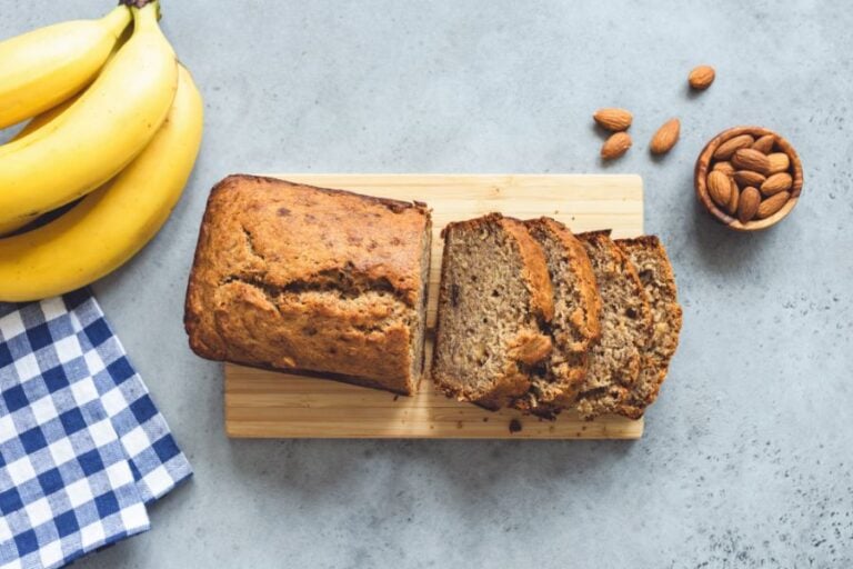 Sliced Banana Nut Bread on a Cutting Board